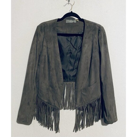 Bagatelle Jacket Womens Medium Gray Faux Suede Fringe Open Front Western Boho - Picture 1 of 5